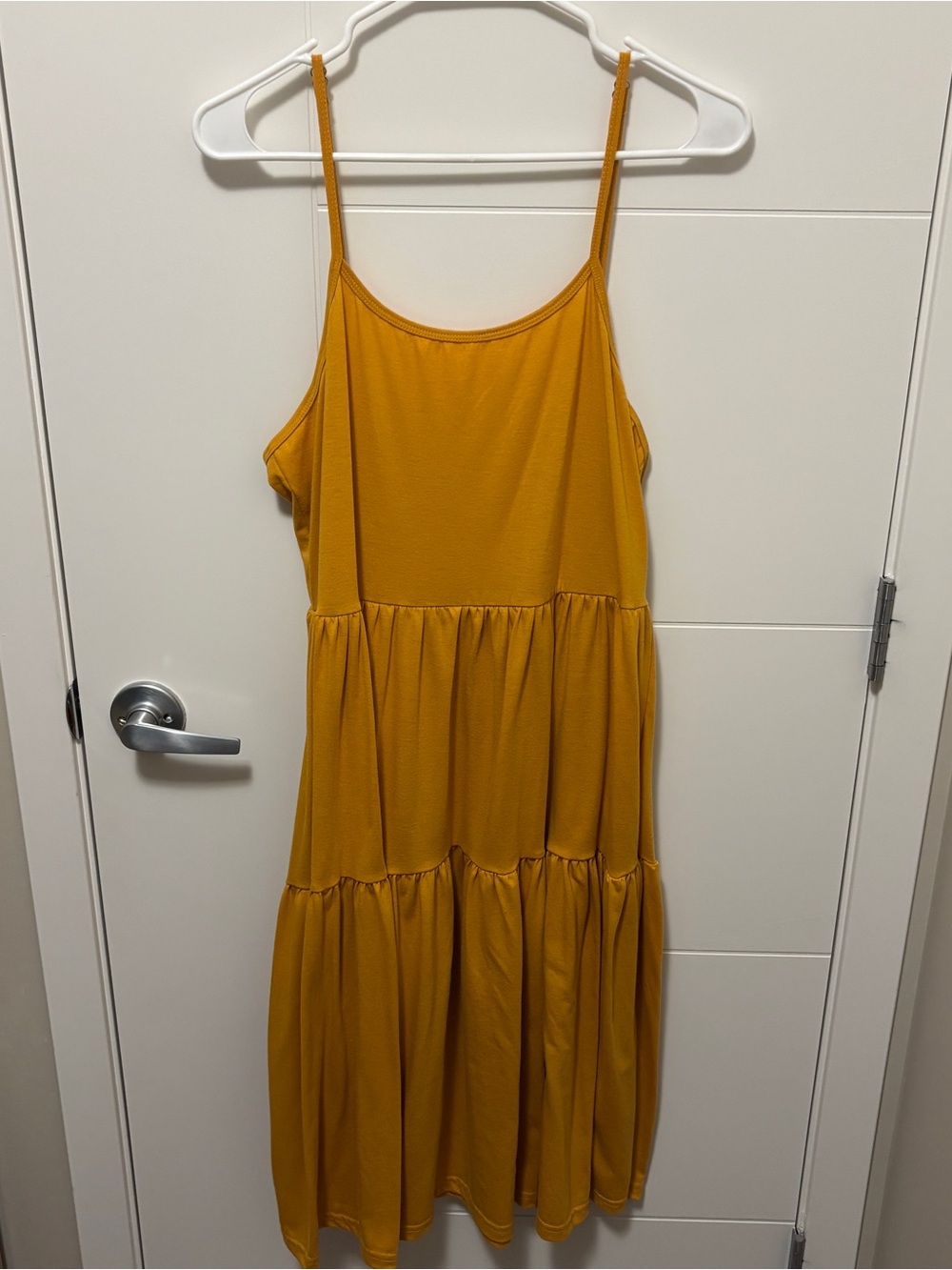 Mustard Yellow Tiered Midi Dress with Spaghetti Straps